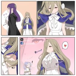  ! ... 3girls absurdly_long_hair blue_capelet breast_envy breast_padding brown_eyes brown_hair capelet commentary dress english_commentary facebook_logo facebook_username frieren from_side heart highres long_hair multiple_girls pointy_ears prehensile_hair profile purple_eyes purple_hair sense_(sousou_no_frieren) sinad_aruatjanapat smile sound_effects sousou_no_frieren spoken_ellipsis spoken_heart twintails twitter_logo twitter_username upper_body very_long_hair white_capelet white_dress 