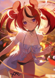  absurdres ahoge animal_ears bikini black_bikini black_choker black_hair blurry breasts center_opening choker cleavage collarbone depth_of_field double-parted_bangs dress earrings frilled_dress frills gluteal_fold hair_between_eyes hakos_baelz halterneck hashtag-only_commentary highres hololive hololive_english jewelry jiang_ye_kiri knees_out_of_frame leaning_forward looking_at_viewer medium_breasts mouse_ears mouse_tail multi-strapped_bikini_bottom multicolored_hair navel outdoors purple_eyes red_hair showgirl_skirt smile standing star_(symbol) star_earrings streaked_hair swimsuit tail thigh_strap twintails virtual_youtuber white_dress white_hair 