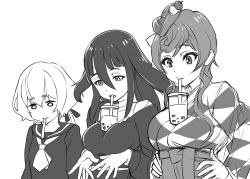 10s 3girls breast_conscious breast_envy breast_lift breasts bubble_tea bubble_tea_challenge cup disposable_cup drinking drinking_straw failure greyscale hands_on_own_hips konno_junko large_breasts monochrome mouth_hold multiple_girls object_on_breast sharp_teeth simple_background size_difference sketch small_breasts teeth ueyama_michirou white_background yamada_tae yuugiri_(zombie_land_saga) zombie_land_saga rating:Sensitive score:8 user:danbooru