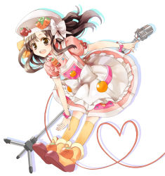  1girl apron bad_id bad_pixiv_id brown_eyes brown_hair cooking_idol_ai!_mai!_main! dress food-themed_clothes hat heart heart_of_string hiiragi_mine kneehighs leaning_forward microphone_stand mitsuk mitsukura_chikage open_mouth simple_background smile socks solo yellow_socks  rating:Sensitive score:7 user:danbooru
