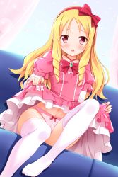 10s 1girl blonde_hair blush clothes_lift dress dress_lift drill_hair eromanga_sensei feet hairband highres lifting_own_clothes long_hair looking_at_viewer navel no_shoes open_mouth panties pink_eyes pink_panties pointy_ears red_hairband sitting solo thighhighs twin_drills underwear white_thighhighs yagami-all_hail_nanao yamada_elf rating:Sensitive score:48 user:danbooru
