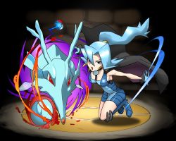  1girl black_background blue_eyes blue_hair boots breasts cape clair_(pokemon) cosmo_(465lilia) creatures_(company) game_freak gen_2_pokemon gym_leader hair_ornament high_heels high_ponytail kingdra large_breasts long_hair nintendo open_mouth poke_ball pokemon pokemon_(creature) pokemon_gsc pokemon_hgss ponytail puzzle_&amp;_dragons sideboob  rating:Sensitive score:14 user:&Eacute;qui_Libriste