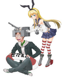 1boy 1girl anchor bad_id bad_pixiv_id black_panties blonde_hair blush boots cannon cosplay crossover elbow_gloves fang flat_chest full_body genshiken glasses gloves grey_footwear hairband highleg highleg_panties highres innertube kantai_collection long_hair madarame_harunobu open_mouth otaku panties rensouhou-chan rensouhou-chan_(cosplay) sailor_collar sanadafelix shimakaze_(kancolle) shimakaze_(kancolle)_(cosplay) ship simple_background skirt smile striped_clothes striped_thighhighs susanna_hopkins sweat sweatdrop swim_ring thighhighs underwear watercraft white_background white_gloves