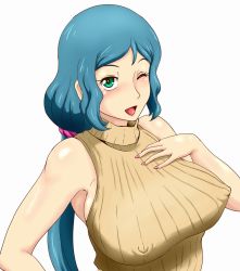 10s 1girl bare_shoulders blue_hair blush breasts covered_erect_nipples green_eyes gundam gundam_build_fighters hand_on_own_chest iori_rinko large_breasts long_hair looking_at_viewer mature_female nail_polish one_eye_closed ponytail ribbed_sweater sleeveless sleeveless_turtleneck solo sweater tof turtleneck wink rating:Questionable score:35 user:TheRedLight