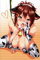 1girl absurdres animal_ears animal_print areola_slip bell breasts brown_hair bukkake cleavage collar covered_erect_nipples cow_ears cow_girl cow_print cum cum_in_mouth cum_on_body cum_on_breasts cum_on_upper_body facial fellatio_gesture heart heart-shaped_pupils highres large_breasts leash oral_invitation solo symbol-shaped_pupils takeda_hiromitsu thighhighs rating:Explicit score:219 user:danbooru