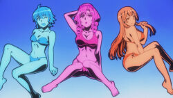  3girls abelia_hopleys anime_screenshot arm_behind_back bikini blue_background breasts cleavage drill_hair groin hair_between_eyes highres knee_up knees_together_feet_apart large_breasts long_hair looking_at_viewer medium_hair monochrome multiple_girls navel non-web_source o-ring o-ring_bikini official_art one_eye_closed playing_with_own_hair screencap siblings sideboob sif_rembrandt simple_background sisters sitting small_breasts smile stomach strapless strapless_bikini swimsuit tsuki_ga_michibiku_isekai_douchuu twin_drills yuno_rembrandt  rating:Sensitive score:15 user:danbooru