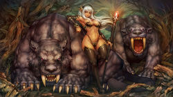 1girl animal arm_support armor armpits bikini_armor black_footwear black_thighhighs boots breasts center_opening claws cleavage closed_mouth dark-skinned_female dark_elf dark_elf_beastmaster dark_skin dragon&#039;s_crown elf fangs fantasy floating_hair game_cg gem groin highleg highres hip_focus holding holding_weapon implied_bestiality large_breasts leaning_back leg_up light_smile long_hair long_pointy_ears looking_at_viewer monster nature navel o-ring o-ring_bottom official_art official_wallpaper open_mouth outdoors pointy_ears purple_eyes sabertooth_tiger sharp_teeth shigatake sideboob smile staff standing standing_on_one_leg teeth thigh_boots thighhighs thighs tree wallpaper weapon white_hair wide_hips rating:Questionable score:153 user:Daijin