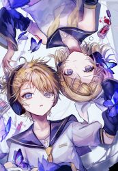  1boy 1girl absurdres bass_clef black_sailor_collar black_sleeves blonde_hair blue_butterfly blue_eyes bow breasts bug butterfly closed_mouth collarbone commentary_request detached_sleeves eyeshadow_box flipped_hair from_above hair_bow hair_ornament hairclip hand_on_another&#039;s_head headphones heads_together highres insect kagamine_len kagamine_rin lipstick looking_at_viewer looking_up lying makeup messy_hair midriff_peek nail_polish nail_polish_bottle nail_polish_brush neckerchief necktie on_back parted_bangs parted_lips pipi plant rotational_symmetry sailor_collar shirt short_hair short_sleeves shoulder_tattoo sleeveless sleeveless_shirt small_breasts tattoo thick_eyelashes treble_clef undone_neckerchief upper_body upside-down vines vocaloid white_bow white_shirt wide_sleeves yellow_nails yellow_neckerchief yellow_necktie 
