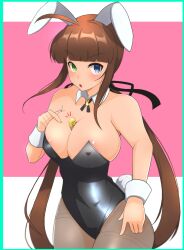  1girl :o absurdres ahoge animal_ears areola_slip bare_shoulders between_breasts black_leotard black_ribbon blue_eyes blunt_bangs blush border breast_suppress breasts brown_hair cleavage coin covered_erect_nipples detached_collar gold_coin green_border green_eyes groin hair_ribbon hairband heterochromia highres large_breasts leotard long_hair looking_at_viewer low_twintails neck_ribbon open_mouth pantyhose pink_background playboy_bunny rabbit_ears rabbit_tail rasetuayano red_hairband ribbon ryoubi_(senran_kagura) senran_kagura senran_kagura_shinovi_versus sidelocks solo strapless strapless_leotard tail twintails two-tone_background v-shaped_eyebrows very_long_hair white_background wrist_cuffs 