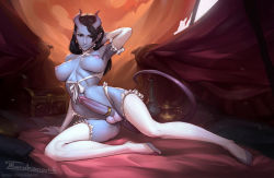 1girl arm_support arm_up armpits black_eyes black_hair blue_skin breasts breasts_apart bridal_gauntlets cock_ring colored_skin demon earrings erection futanari gloves highres hip_focus horns jewelry long_hair looking_at_viewer nipples original penis pointy_ears sex_toy solo tarakanovich testicles thighhighs thighs toes treasure_chest uncensored white_gloves white_thighhighs rating:Explicit score:324 user:danbooru
