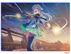  1girl absurdres aqua_skirt artist_name black_jacket bright_pupils butyou_(mika1412) cropped_jacket evening firefly_(honkai:_star_rail) from_below gradient_sky green_thighhighs hair_between_eyes highres holding_fireworks honkai:_star_rail honkai_(series) jacket long_hair long_sleeves neckerchief open_mouth orange_neckerchief outdoors purple_eyes shirt skirt sky smile solo thighhighs white_hair white_pupils white_shirt 