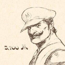  1boy anonymer_benutzer cabbie_hat chinese_commentary close-up closed_mouth commentary facial_hair from_side greyscale_with_colored_background hat lineart looking_at_viewer looking_to_the_side male_focus mario mario_(series) mustache nintendo short_hair solo 