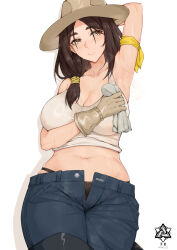  1girl absurdres arm_behind_head arm_up armpits artist_name blush breasts brown_hair check_commentary cleavage commentary commentary_request crop_top denim farmer gloves hat highres holding holding_towel large_breasts light_smile medium_hair midriff navel open_fly original pants plump shadow signature simple_background smile solo steam sweat sweaty_clothes tank_top towel unbuttoned underwear upper_body very_sweaty wet wet_clothes white_background white_tank_top wiping_sweat yellow_eyes yu-ting_rainplus  rating:Questionable score:43 user:danbooru