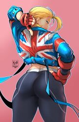  1girl a.b.singh ass blonde_hair blue_eyes cammy_white crop_top cropped_jacket fingerless_gloves from_behind gloves hand_on_own_hip highres jacket long_sleeves looking_back pants short_hair street_fighter street_fighter_6 union_jack  rating:Sensitive score:14 user:zombiespacial