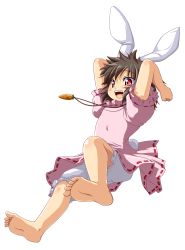 1girl :d animal_ears barefoot bloomers brown_hair carrot carrot_necklace dress fang feet female_focus full_body highres inaba_tewi jewelry jumping kazuhiro_(tiramisu) necklace open_mouth pendant pink_skirt rabbit_ears rabbit_girl rabbit_tail red_eyes skirt smile soles solo tail touhou transparent_background underwear rating:Sensitive score:9 user:danbooru