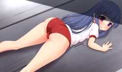 1girl against_door against_wall ass bent_over blue_hair blunt_bangs blush buruma come_hither commentary dutch_angle english_commentary ether_core female_focus from_behind furude_rika gym_shirt gym_uniform highres higurashi_no_naku_koro_ni hime_cut loli long_hair looking_at_viewer purple_eyes red_buruma shirt short_sleeves smile solo standing thighs trefoil white_shirt rating:Questionable score:197 user:danbooru