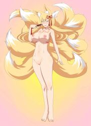  absurdres animal_ears breasts ed-jim fox_ears fox_tail green_eyes highres large_breasts mon-musu_quest! nine_tails smirk tail tamamo_(mon-musu_quest!) tattoo  rating:Explicit score:37 user:Zyvolt