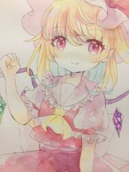  1girl ascot bat_wings blonde_hair crystal flandre_scarlet hat hat_ribbon hiyuu_(hiyualice) mob_cap multicolored_wings one_side_up puffy_short_sleeves puffy_sleeves red_eyes red_vest ribbon short_sleeves side_ponytail skirt skirt_set solo star_(symbol) touhou traditional_media vest white_hat wings yellow_ascot 