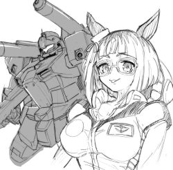  1girl animal_ears breasts closed_mouth copyright_request crossover ear_ornament glasses gm_cannon_ii greyscale gundam gundam_0083 horse_ears impossible_clothes kin-san_(sasuraiga) looking_at_viewer mecha medium_breasts monochrome pilot_suit robot short_hair sketch smile solo tongue tongue_out transcend_(umamusume) umamusume upper_body 