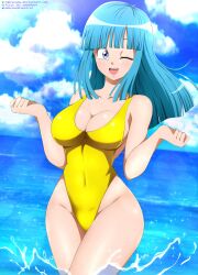  1girl absurdres artist_name bare_shoulders beach blue_hair blue_sky breasts cleavage clenched_hands closed_eyes curvy dragon_ball dragonball_z happy highleg highleg_swimsuit highres hime_cut iharuluna large_breasts long_hair looking_at_viewer maron_(dragon_ball) ocean one-piece_swimsuit open_mouth shiny_skin sky smile solo swimsuit thighs water wet wide_hips yellow_one-piece_swimsuit  rating:Sensitive score:55 user:fakyuh
