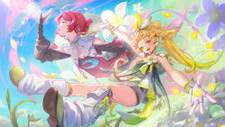  2girls :d abstract_background ahoge blonde_hair blue_sky bow bow_legwear braid cleavage_cutout clothing_cutout colored_tips cowboy_shot danjin_(wuthering_waves) dot_nose dress field fingerless_gloves floating flower flower_on_chest foot_out_of_frame foreshortening from_side full_body gloves gradient_background green_bow green_dress green_eyes green_footwear green_hair green_hairband hair_bow hairband highres keto_cactus leg_belt leg_warmers lips long_hair looking_ahead multicolored_hair multiple_girls off-shoulder_dress off_shoulder open_hand open_hands open_mouth outstretched_arms pleated_dress ponytail red_hair shoe_soles short_bangs short_dress short_hair shoulder_cutout sidelighting sky sleeveless sleeveless_dress smile tacet_mark_(wuthering_waves) three_quarter_view two-tone_bow two-tone_hair verina_(wuthering_waves) white_bow white_gloves white_leg_warmers wuthering_waves 