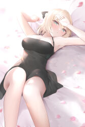  1girl 5pb. armpits bed_sheet black_dress blonde_hair blush breasts cleavage closed_mouth dress falling_petals green_eyes hand_on_own_forehead jewelry kagamigawa_noelle knees_up large_breasts looking_at_viewer lying medium_breasts memories_off memories_off_innocent_fille mujinbensin petals ring sheet_grab solo 