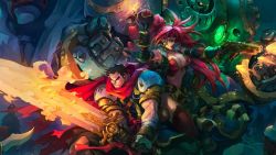  battle_chasers breasts cleavage large_breasts long_hair midriff ponytail red_hair red_monika thighhighs  rating:Questionable score:5 user:Kal1383