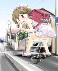 backpack bag blush brown_hair dress from_behind hairband loli looking_back open_mouth outdoors panties panty_pull peeing puddle purple_eyes randoseru source_request squatting underwear wancho rating:Explicit score:77 user:Tom23