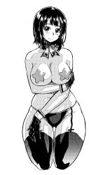 1girl 3: bad_id bad_tumblr_id blush breast_hold breasts commentary_request full_body garter_straps gloves greyscale hand_on_own_thigh highres kantai_collection kneeling large_breasts monochrome navel panties pasties short_hair simple_background solo star_pasties string_panties tachibana_roku takao_(kancolle) thighhighs topless underwear underwear_only white_background rating:Questionable score:11 user:danbooru