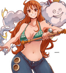 1girl 1other aosora breasts curvy denim earrings holding holding_weapon jewelry large_breasts long_hair nami_(one_piece) navel one_piece orange_hair polearm shoulder_tattoo tattoo very_long_hair weapon wide_hips zeus_(one_piece)