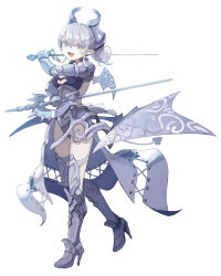  1girl armor armored_boots black_leotard boots demon_girl demon_horns demon_wings dual_wielding duel_monster fang full_body grey_eyes grey_hair holding holding_sword holding_weapon horns ishii_(young-moon) lady_labrynth_of_the_silver_castle leotard looking_at_viewer lovely_labrynth_of_the_silver_castle low_wings medium_hair multiple_wings pointy_ears skin_fang smile solo sword weapon wings yu-gi-oh! 