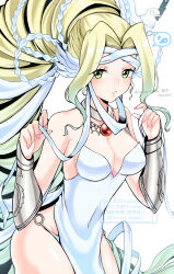  1girl absurdres bare_shoulders breasts cleavage digimon digimon_(creature) dress drill_hair green_eyes head_wings highres long_hair medium_breasts o-ring o-ring_bottom o-ring_panties olive_(digimon) panties pink_nails shingetsu_(doru0222) simple_background solo_focus strapless strapless_dress twitter_username underwear unworn_blindfold venusmon very_long_hair white_background white_blindfold white_dress white_panties wings 