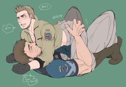  2boys ass bara black_hair blue_shirt blush boots brown_hair chris_redfield closed_eyes closed_mouth couple green_background green_jacket grey_pants jacket large_pectorals male_focus matoi-1228 multiple_boys muscular muscular_male open_mouth pants pectorals piers_nivans resident_evil resident_evil_6 shirt short_hair simple_background smile translation_request yaoi 