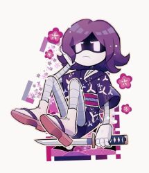  1girl glitch_productions japanese_clothes kimono murder_drones purple_eyes purple_hair robot sandles short_hair tanto uzi_(murder_drones) 