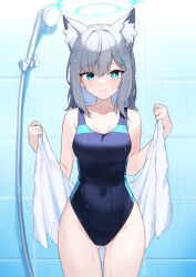  1girl absurdres animal_ear_fluff animal_ears bare_shoulders blue_archive blue_eyes blue_one-piece_swimsuit blush breasts collarbone covered_navel cross_hair_ornament extra_ears goyain grey_hair hair_ornament halo highleg highleg_swimsuit highres looking_at_viewer medium_breasts medium_hair multicolored_clothes multicolored_swimsuit one-piece_swimsuit shiroko_(blue_archive) shiroko_(swimsuit)_(blue_archive) sidelocks smile solo swimsuit thighs towel wolf_ears  rating:Sensitive score:2 user:danbooru