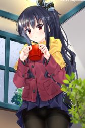  bag black_hair breasts coat cup hair_ornament hairclip helvetica5td highres leaves leggings long_hair mug neptune_(series) opeen_mouth plant ponytail red_eyes scarf skirt small_breasts tree tsundere uni_(neptunia) wall window  rating:General score:10 user:Dyna-Goose