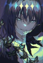  1boy absurdres black_hair blue_eyes bug butterfly claws commentary diamond_hairband fate/grand_order fate_(series) hair_between_eyes hairband highres insect kitsunekotori looking_to_the_side male_focus oberon_(fate) oberon_(third_ascension)_(fate) parted_lips portrait purple_background simple_background solo spoilers  rating:General score:5 user:danbooru
