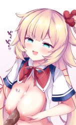  1boy 1girl absurdres akai_haato akai_haato_(1st_costume) aqua_eyes blonde_hair blouse blush breast_hold breasts breasts_squeezed_together cocozasa commentary_request cum cum_on_body cum_on_breasts cum_on_upper_body ejaculation fang gradient_background grey_background heart heart-shaped_pupils hetero highres hololive large_breasts long_hair looking_at_another nipples open_clothes open_mouth open_shirt out_of_frame paizuri penis perpendicular_paizuri shiny_skin shirt short_sleeves sound_effects symbol-shaped_pupils trembling upper_body veins veiny_penis virtual_youtuber white_shirt  rating:Explicit score:50 user:danbooru