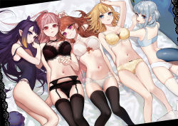 5girls :3 :d absurdres arm_up bare_arms bare_legs bare_shoulders black_bra black_garter_belt black_panties black_thighhighs blonde_hair blue_bra blue_eyes blue_hair blunt_bangs bow bow_bra bow_panties bra breasts brown_hair collarbone commentary female_focus fins fish_tail garter_belt gawr_gura hair_spread_out highres hololive hololive_english holomyth lace lace-trimmed_bra lace_trim large_breasts lingerie long_hair long_sleeves looking_at_viewer lying mori_calliope multiple_girls navel ninomae_ina&#039;nis on_back on_stomach open_mouth panties parted_lips pink_eyes pink_hair pointy_ears purple_hair red_eyes shark_tail small_breasts smile smilesmile1312 stomach strap_slip tail takanashi_kiara takodachi_(ninomae_ina&#039;nis) thigh_gap thighhighs underwear underwear_only very_long_hair virtual_youtuber watson_amelia white_bra white_panties white_thighhighs yellow_bra yellow_panties rating:Questionable score:184 user:danbooru
