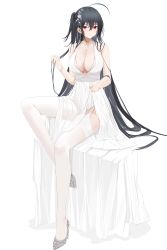1girl absurdres azur_lane bare_arms bare_shoulders black_hair bracelet breasts cleavage commentary_request cowlick crossed_bangs dress flower full_body garter_straps grey_footwear hair_between_eyes hair_flower hair_ornament high_heels highres jewelry knee_up kuyoumi large_breasts lifting_own_clothes long_dress long_hair long_legs looking_at_viewer off_shoulder one_side_up parted_lips red_eyes shadow sitting sleeveless sleeveless_dress solo taihou_(azur_lane) taihou_(temptation_on_the_sea_breeze)_(azur_lane) thighhighs very_long_hair white_background white_dress white_thighhighs rating:Sensitive score:23 user:danbooru