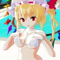  1girl 3d alternate_breast_size animated bikini bikini_top_lift blonde_hair breasts cleavage clothes_lift curvy flandre_scarlet large_breasts legs lifting_own_clothes looking_at_viewer medium_hair mofumoko5 navel pool red_eyes side_ponytail smile solo tagme teasing thighs touhou underboob video water 