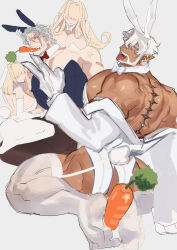  2boys 2girls anger_vein angry animal_ears ass ass_focus bara blonde_hair bow bowtie breasts brown_leggings carrot coat collar earrings facing_back feet gloves golden_fangs grey_hair hair_over_eyes holding_with_feet huge_ass jewelry large_breasts leggings leotard long_hair male_playboy_bunny multiple_boys multiple_girls muscular muscular_male original pale_skin playboy_bunny rabbit_ears rabbit_tail red_bow red_bowtie rono_z scar scar_on_face sharp_teeth tail tan teeth thick_eyebrows tongue tongue_out white_background white_bow white_bowtie white_coat white_collar white_footwear white_gloves white_hair white_leggings 