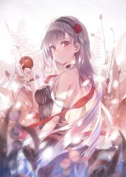  1girl absurdres arm_strap black_dress black_hairband blurry blurry_foreground closed_mouth dress floating_hair flower food from_side fruit grey_hair hair_flower hair_ornament hairband highres holding holding_food holding_fruit long_hair looking_at_viewer misaki_kurehito original red_eyes red_flower shoulder_blades sleeveless sleeveless_dress solo very_long_hair 