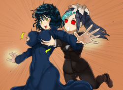  2girls grabbing_another&#039;s_breast breasts curvy dress formal fubuki_(one-punch_man) grabbing highres large_breasts multicolored_hair multiple_girls one-punch_man red_eyes sansetsukon_no_lily suit the_golden_smurf wide_hips  rating:Questionable score:47 user:MuchiMuchi