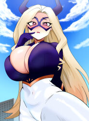  1girl blonde_hair bodysuit boku_no_hero_academia breasts cleavage cloud day female_focus giant giantess hatzuhatzu horns huge_breasts long_hair looking_at_viewer mask mount_lady open_mouth skindentation sky solo thick_thighs thighs wide_hips 