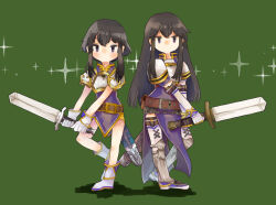  2girls armor armored_boots ayra_(fire_emblem) black_hair boots breastplate fire_emblem fire_emblem:_genealogy_of_the_holy_war gloves holding holding_sword holding_weapon larcei_(fire_emblem) long_hair mother_and_daughter multiple_girls nintendo pelvic_curtain purple_eyes short_hair shoulder_armor sidelocks simple_background sword tomboy tunic vianchiel weapon 