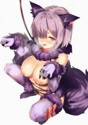 1girl animal_ears blush breasts breath claws collar elbow_gloves fate/grand_order fate_(series) fur_trim furisuku gloves hair_over_one_eye halloween_costume heart heart-shaped_pupils heavy_breathing highres large_breasts leash looking_at_viewer mash_kyrielight mash_kyrielight_(dangerous_beast) nipples no_bra official_alternate_costume open_mouth purple_eyes purple_hair short_hair solo squatting sweat symbol-shaped_pupils tail tears thighhighs white_background wolf_ears wolf_tail rating:Questionable score:26 user:danbooru