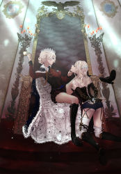 10s 2girls adapted_costume arms_behind_back ass back back_tattoo bare_shoulders bdsm belt black_footwear blonde_hair blue_eyes bodice bondage boots bound bound_wrists braid bridal_gauntlets bustier candle candlestand cape crown cuffs cup darjeeling_(girls_und_panzer) detached_sleeves eye_contact femdom fur_cape garter_straps girls_und_panzer hair_bun hand_on_another&#039;s_chin high_heel_boots high_heels highres holding holding_cup holster indoors kay_(girls_und_panzer) knee_boots kneeling knife lace_trim leg_up light_particles lips long_sleeves looking_at_another medal midriff_peek miniskirt multiple_girls profile red_shirt sheath sheathed shirt short_hair short_shorts shorts single_hair_bun sitting skirt strapless sunlight tattoo teacup thigh_holster thighhighs throne throne_room tiara unbuttoned unfastened vanilla_(pixiv20846766) white_legwear wing_tattoo yuri rating:Questionable score:33 user:danbooru