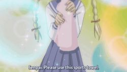  1girl animated animated_gif blonde_hair blush braid cosplay hayate_no_gotoku! lowres sanzen&#039;in_nagi school_uniform smile sparkle subtitle towel  rating:Sensitive score:5 user:translator