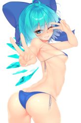  1girl ;d ahoge armpits ass bare_arms bare_back bare_shoulders bikini blue_bikini blue_bow blue_eyes blue_hair blush bow breasts cirno clenched_teeth cowboy_shot double_v eyebrows fairy fingernails hair_bow hand_gesture ice ice_wings looking_at_viewer looking_back matching_hair/eyes nose_blush one_eye_closed open_mouth outstretched_arm revision rukitsura short_hair side-tie_bikini_bottom sideboob simple_background small_breasts smile solo standing swimsuit teeth touhou underboob v v_over_eye white_background wings  rating:Sensitive score:84 user:danbooru